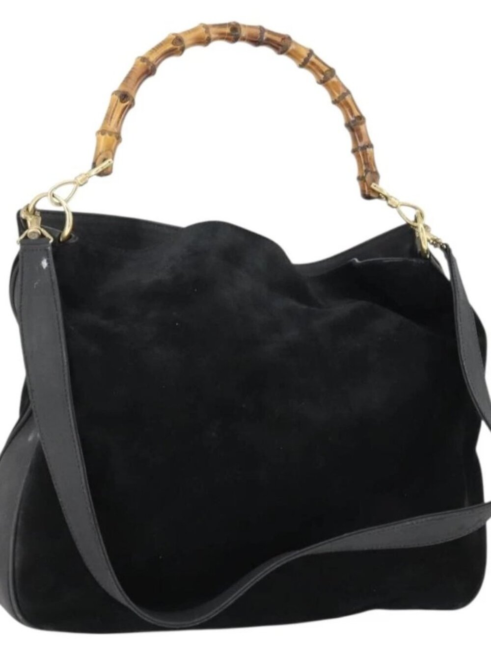 GUCCI Bamboo Hand Bag Suede 2way Gold Black 001 123 1577 Auth SW2081